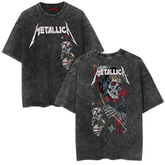 Metallica rock band heavy metal distressed washed American retro wax printed men's loose short sleeved T-shirt (14)