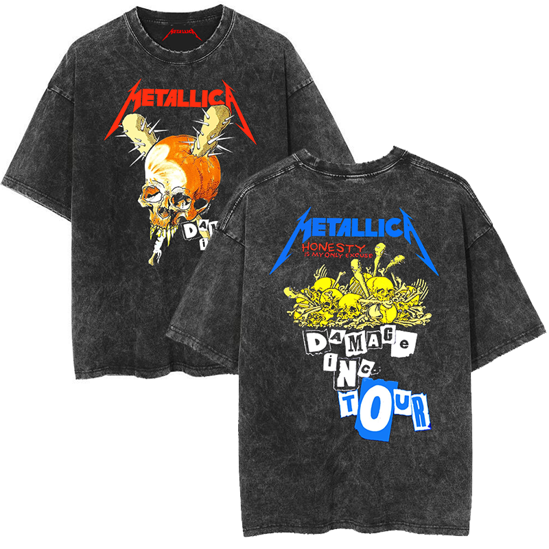Metallica rock band heavy metal distressed washed American retro wax printed men's loose short sleeved T-shirt (19)