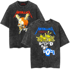 Metallica rock band heavy metal distressed washed American retro wax printed men's loose short sleeved T-shirt (19)