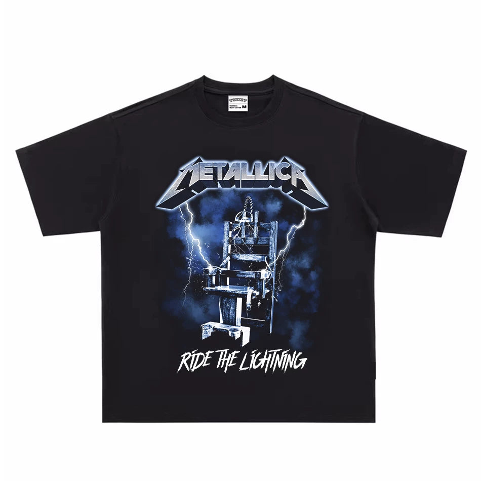 Metallica Band Rock T-shirt Heavy Metal Lightning Print Heavy Cotton Washed Old High Street Trendy Loose