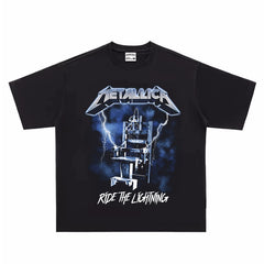 Metallica Band Rock T-shirt Heavy Metal Lightning Print Heavy Cotton Washed Old High Street Trendy Loose
