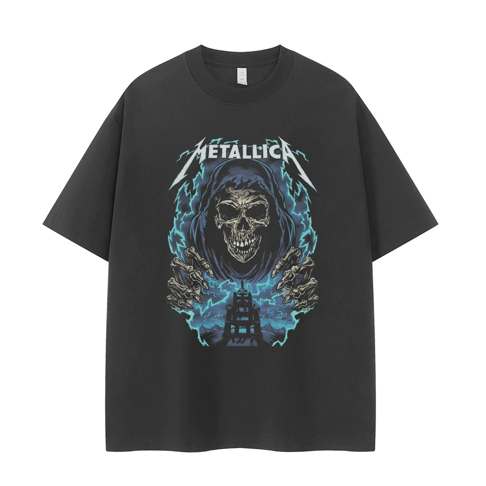 Metallica metal band retro American street dark skeleton shoulder loose cotton rock short sleeved T-shirt