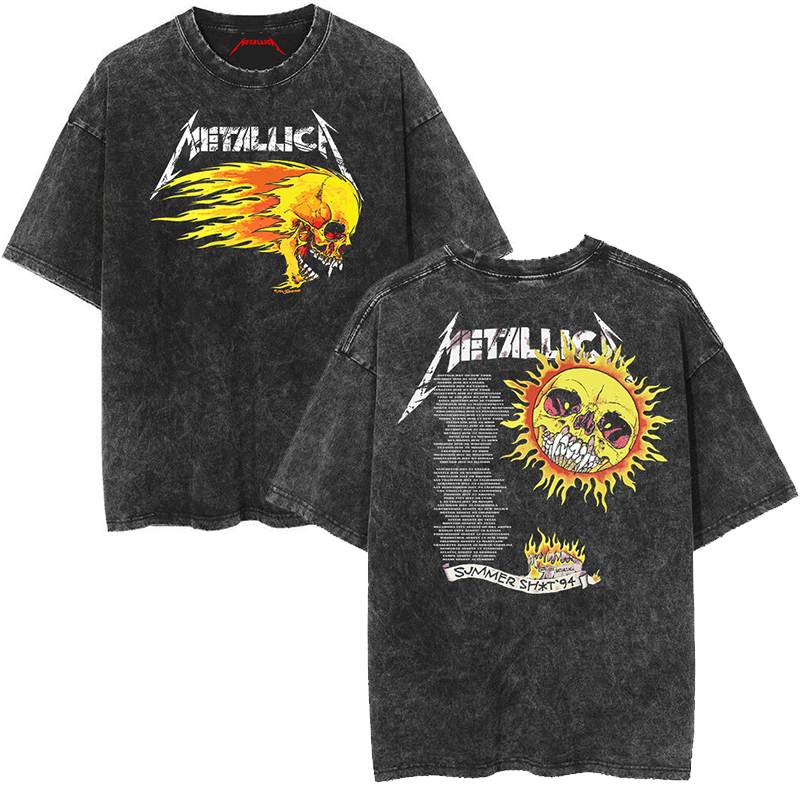 Metallica rock band heavy metal distressed washed American retro wax printed men's loose short sleeved T-shirt (12)