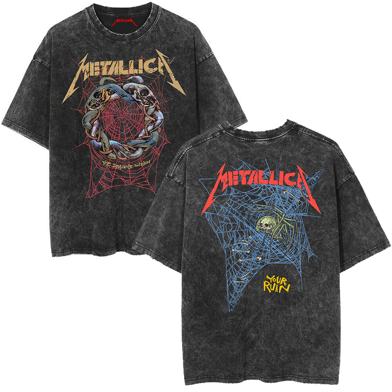 Metallica rock band heavy metal distressed washed American retro wax printed men's loose short sleeved T-shirt (2)