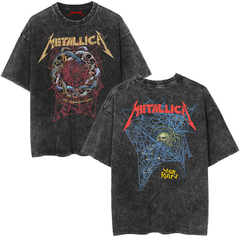 Metallica rock band heavy metal distressed washed American retro wax printed men's loose short sleeved T-shirt (2)