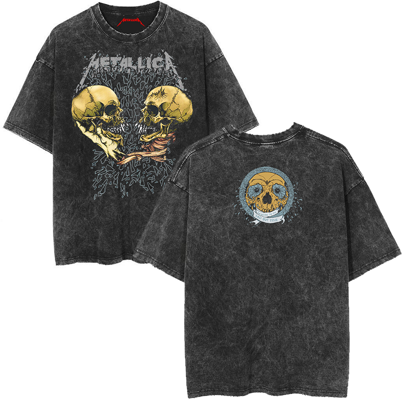 Metallica rock band heavy metal distressed washed American retro wax printed men's loose short sleeved T-shirt (5)